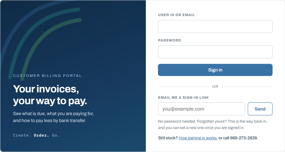 The sign in page. On the right, a box for your user ID or email and a box for your password, with a blue Sign in button under them. Below that, separated by the word or, a single box for your email address with a Send button beside it, which is the one that emails you a link.